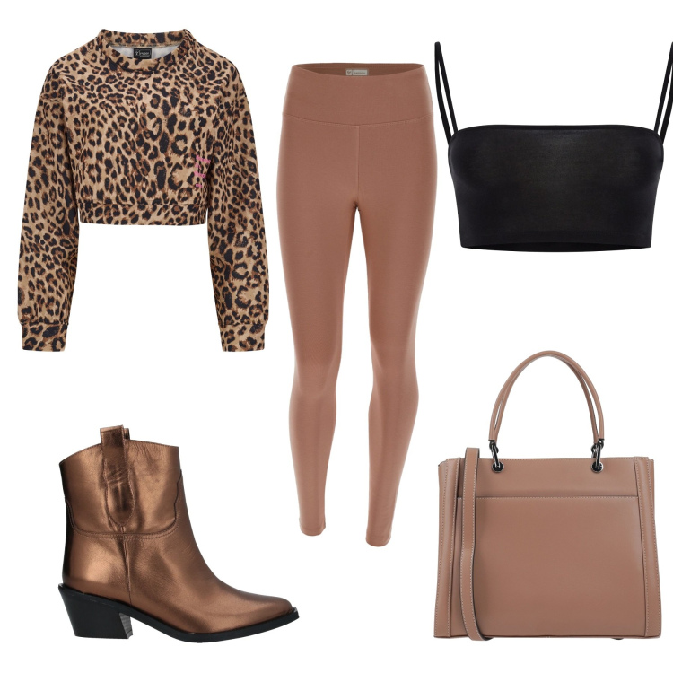 Outfit donna - Accessori marroni. Stile Trendy per Serata fuori. Abbinamento con borse a mano, stivaletti, felpe, top, leggings.