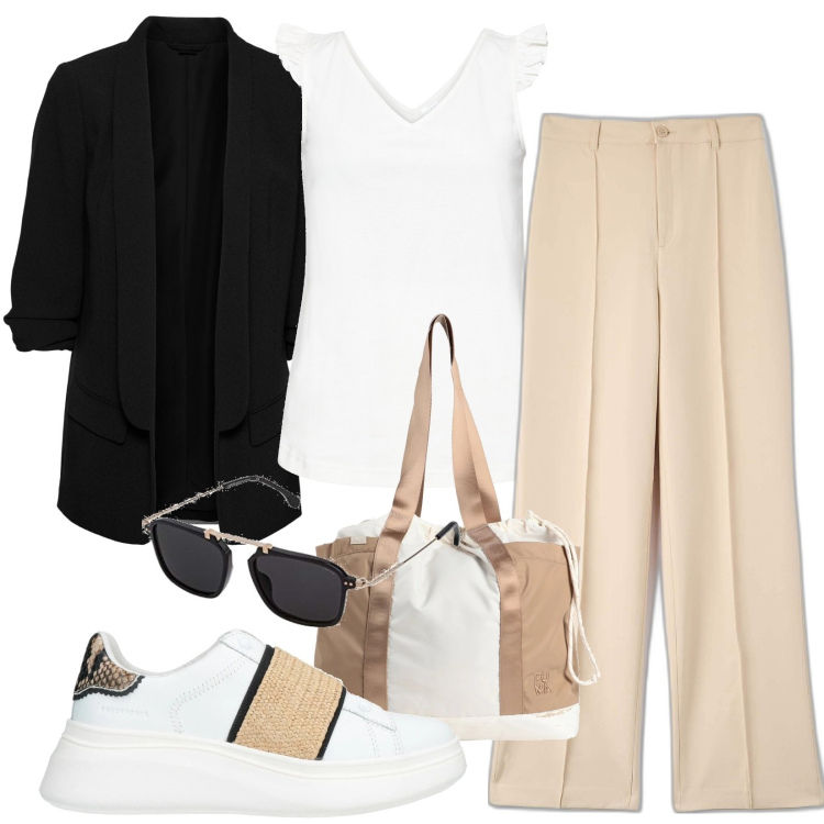 Outfit donna - abbinamento facile. Stile Casual per Ufficio. Abbinamento con blazer, top, sneakers, borse a spalla, pantaloni, occhiali da sole.