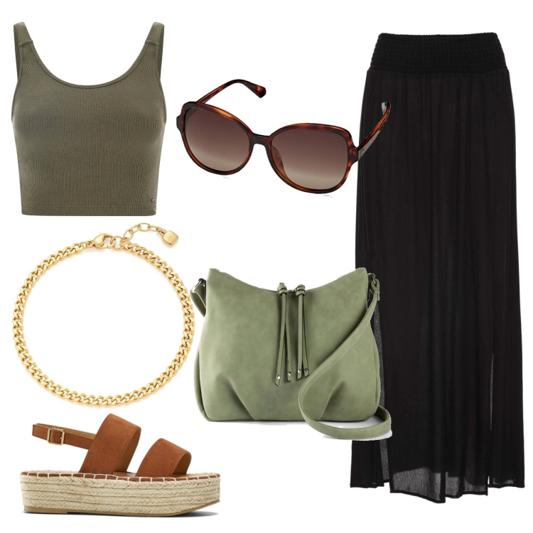 Outfit donna - Semplice e bella. Stile Casual per Tutti i giorni. Abbinamento con gonne lunghe, borse a tracolla, sandali, top, occhiali da sole, braccialetti.