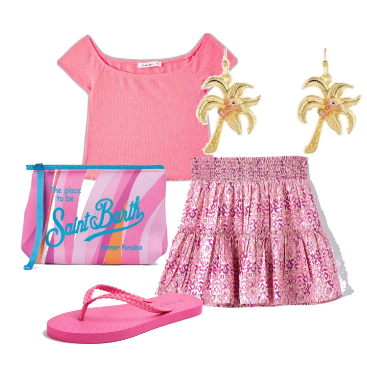 Outfit donna - Al mare. Stile Romantica per Mare. Abbinamento con t-shirt, gonne, infradito, pochette, orecchini.