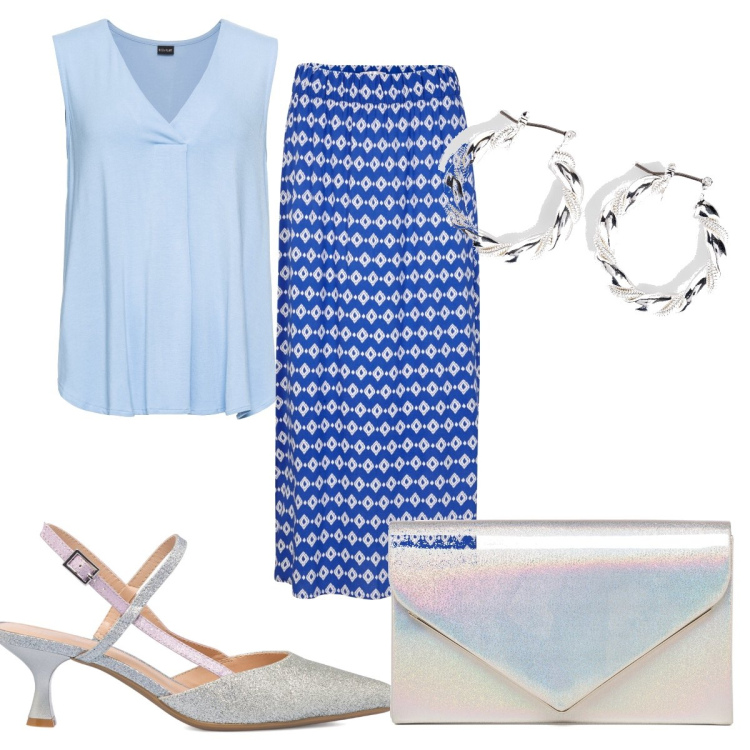 Outfit donna - Trend in blu. Stile Trendy per Cerimonia. Abbinamento con top, orecchini, gonne lunghe, décolleté, clutch.