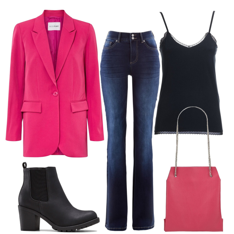 Outfit donna - Il blazer fucsia. Stile Trendy per Tutti i giorni. Abbinamento con jeans bootcut, stivaletti, blazer, borse a mano, canottiere.