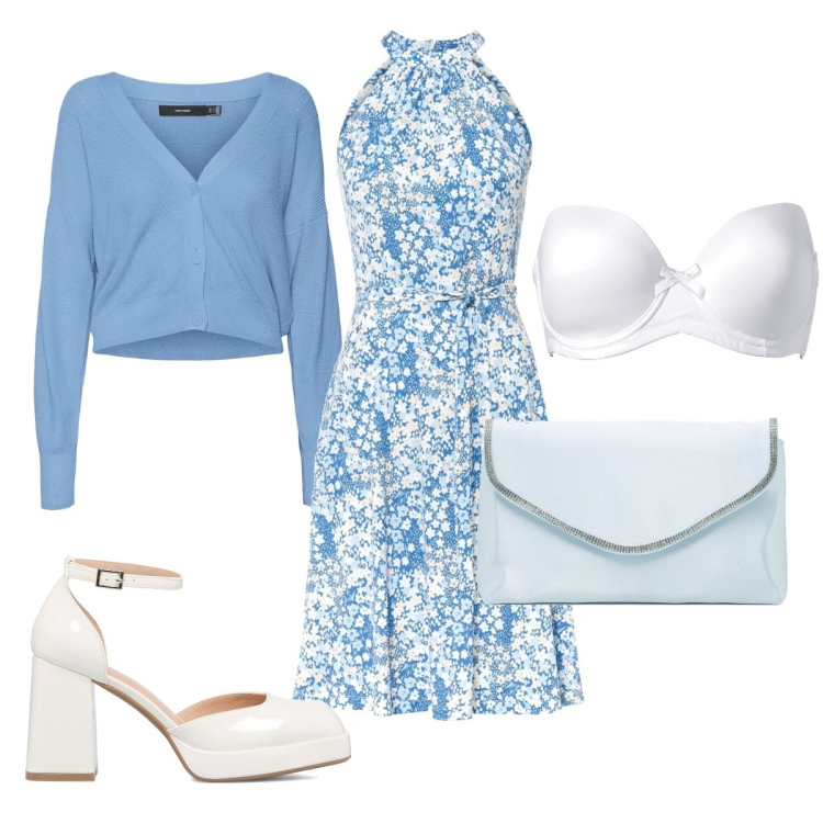 Outfit donna - Cerimonia in bianco & azzurro. Stile Bon Ton per Cerimonia. look ideale per Petite. Abbinamento con reggiseni, vestiti, cardigans, décolleté, clutch.