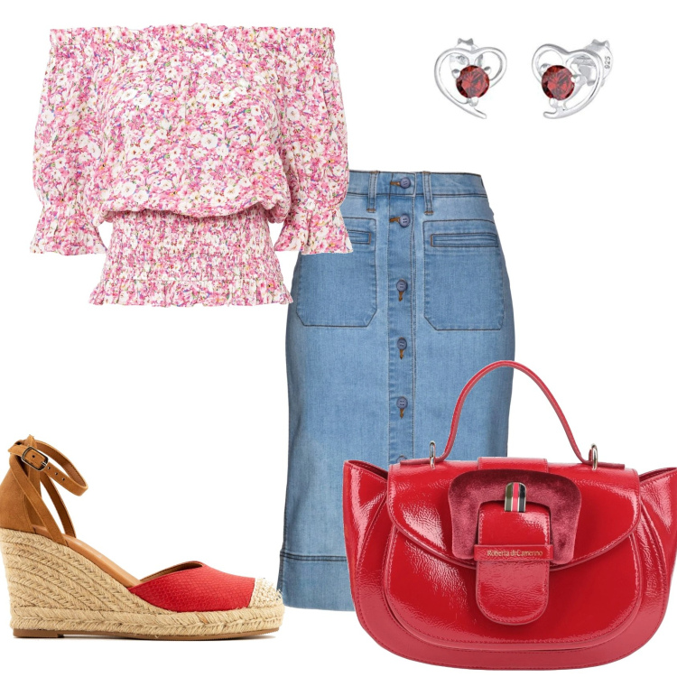 Outfit donna - Gonna jeans e top. Stile Casual per Tutti i giorni. Abbinamento con gonne, bluse, borse a mano, infradito, orecchini.