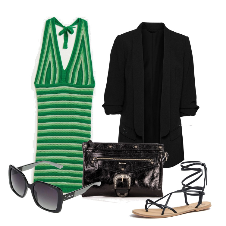 Outfit donna - Ghost outfitter - maggio. Stile Glamour per Tutti i giorni. Abbinamento con blazer, sandali alla schiava, pochette, vestiti corti, occhiali da sole.
