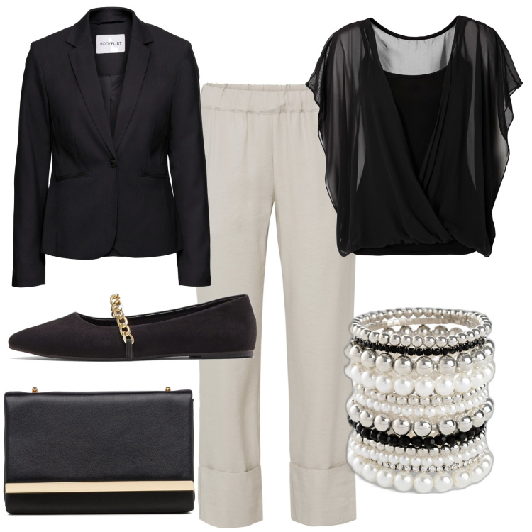 Outfit donna - Stile Capri. Stile Chic per Cerimonia. Abbinamento con braccialetti, blazer, bluse, pantaloni capri, ballerine, clutch.