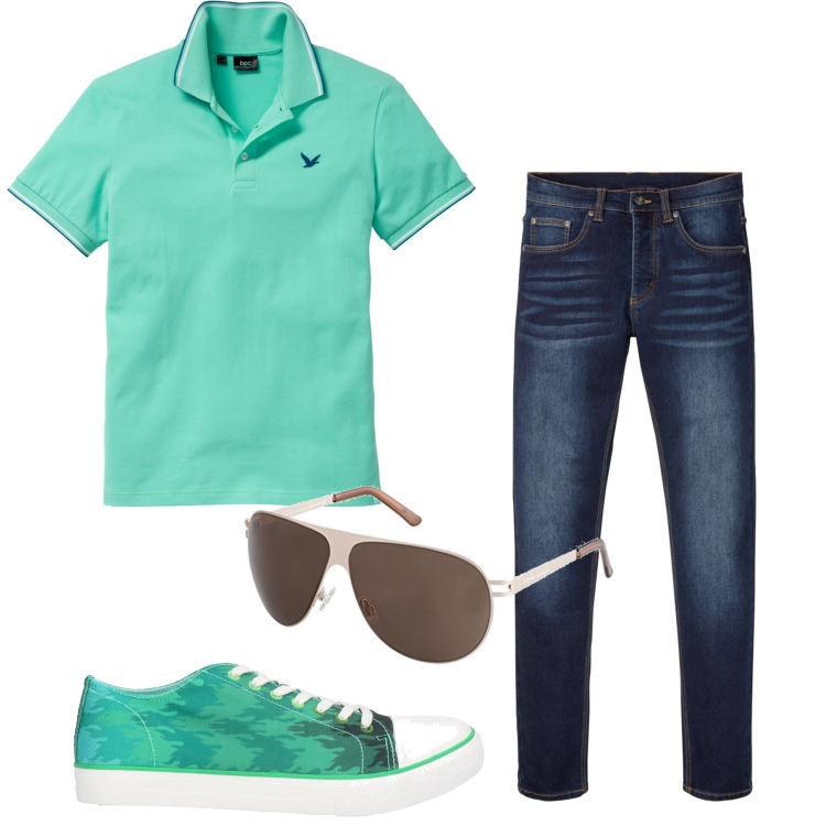 Outfit uomo - Verso l\'estate. Stile Trendy per Tutti i giorni. Abbinamento con polo, jeans slim fit, sneakers, occhiali da sole.