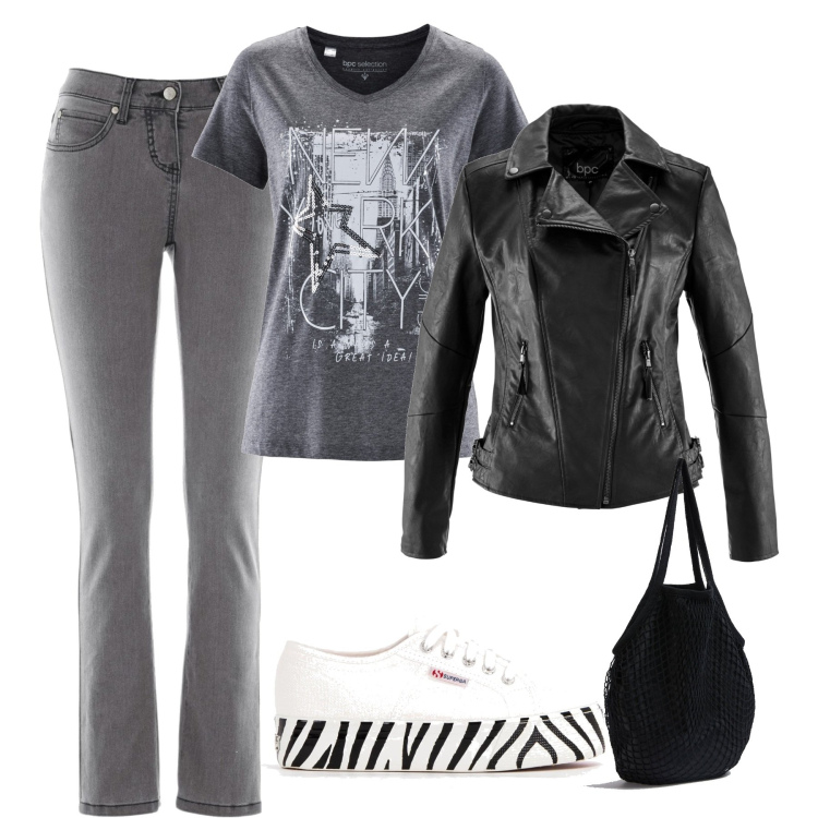 Outfit donna - In città. Stile Casual per Tutti i giorni. Abbinamento con jeans slim fit, blazer, t-shirt, borse a spalla, sneakers.