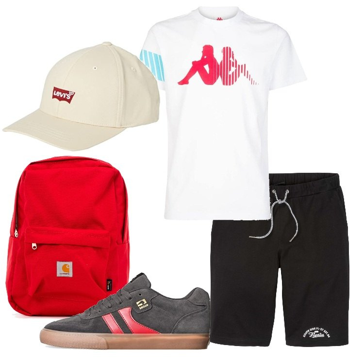 Outfit uomo - Una gita al parco. Stile Casual per Tutti i giorni. Abbinamento con bermuda, borse sportive, t-shirt, scarpe sportive, cappelli con visiera.