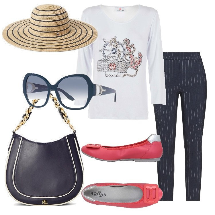 Outfit donna - Una gita all\'Elba. Stile Bon Ton per Tutti i giorni. Abbinamento con ballerine, pantaloni, t-shirt, occhiali da sole, borse a spalla, cappelli.