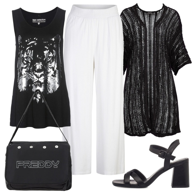 Outfit donna - Serata curvy. Stile Casual chic per Serata fuori. Abbinamento con cardigans, pantaloni, top, borse messenger, sandali in pelle.