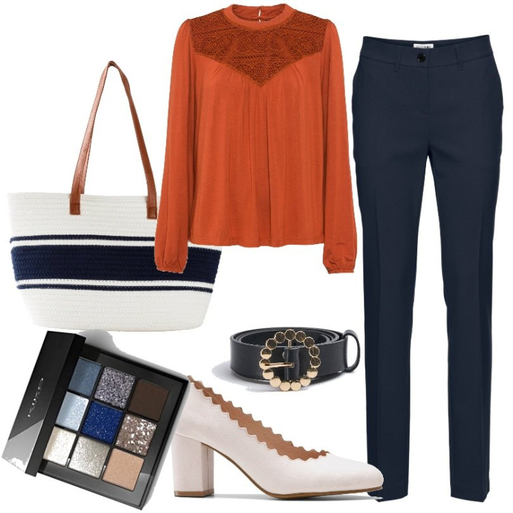Outfit donna - Maglia raffinata con pizzo. Stile Casual chic per Ufficio. Abbinamento con pantaloni, maglieria, shopping bag, décolleté, cinture, ombretti.
