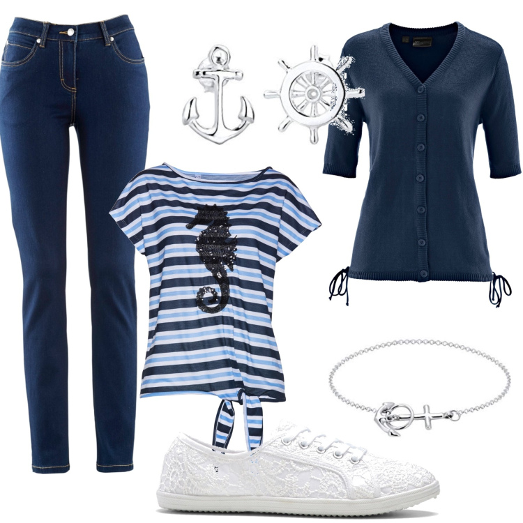 Outfit donna - Mare. Stile Casual chic per Tutti i giorni. Abbinamento con jeans dritti, sneakers, cardigans, maglieria, orecchini, braccialetti.
