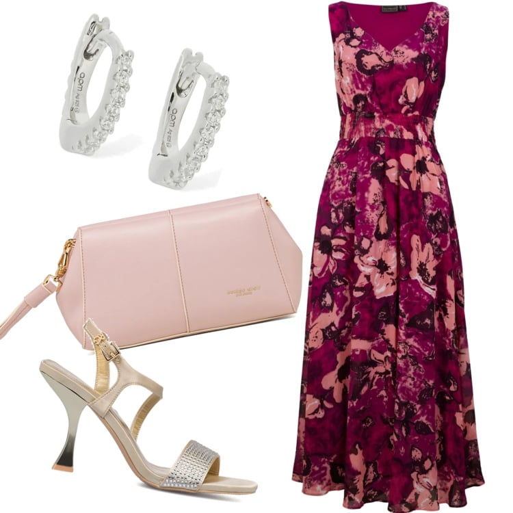 Outfit donna - Cerimonia in Fiore. Stile Romantica per Cerimonia. Abbinamento con vestiti lunghi, sandali gioiello, clutch, orecchini.