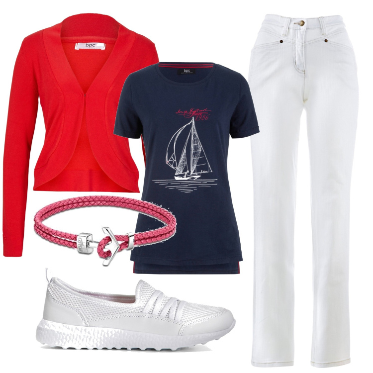 Outfit donna - Barca a vela. Stile Casual per Tutti i giorni. Abbinamento con sneakers, t-shirt, blazer, jeans dritti, braccialetti.