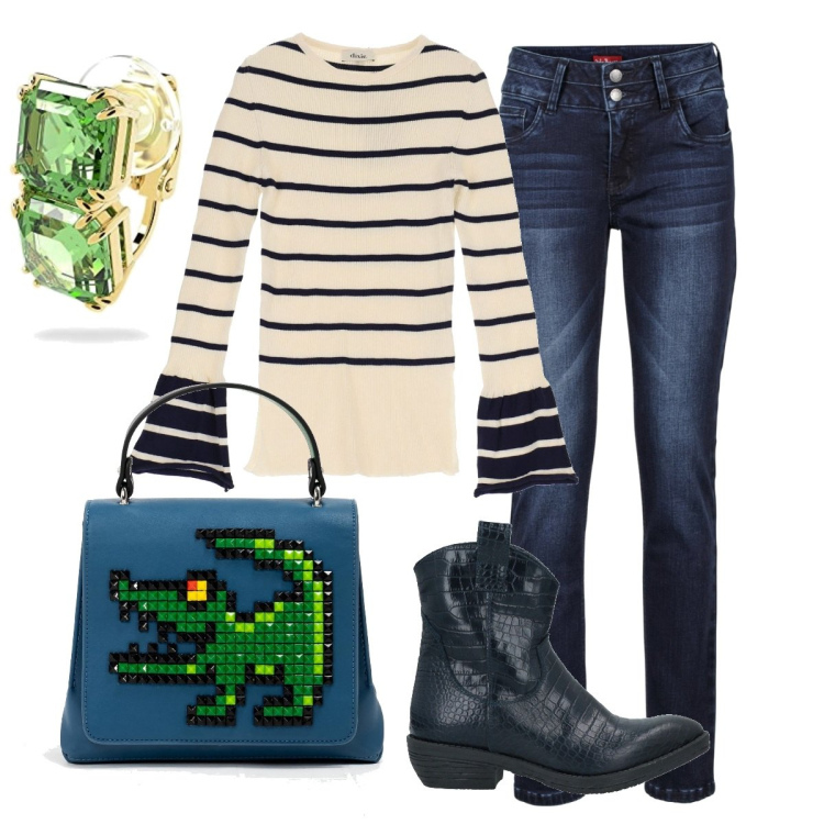Outfit donna - Total look #1609455. Stile Casual chic per Tutti i giorni. Abbinamento con jeans, stivaletti, borse a mano, maglieria, orecchini.