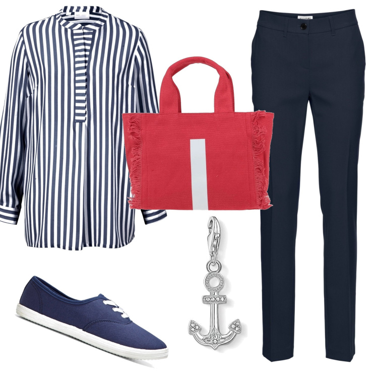 Outfit donna - Righe. Stile Casual per Tutti i giorni. Abbinamento con pantaloni, sneakers, tuniche, borse a mano, collane.