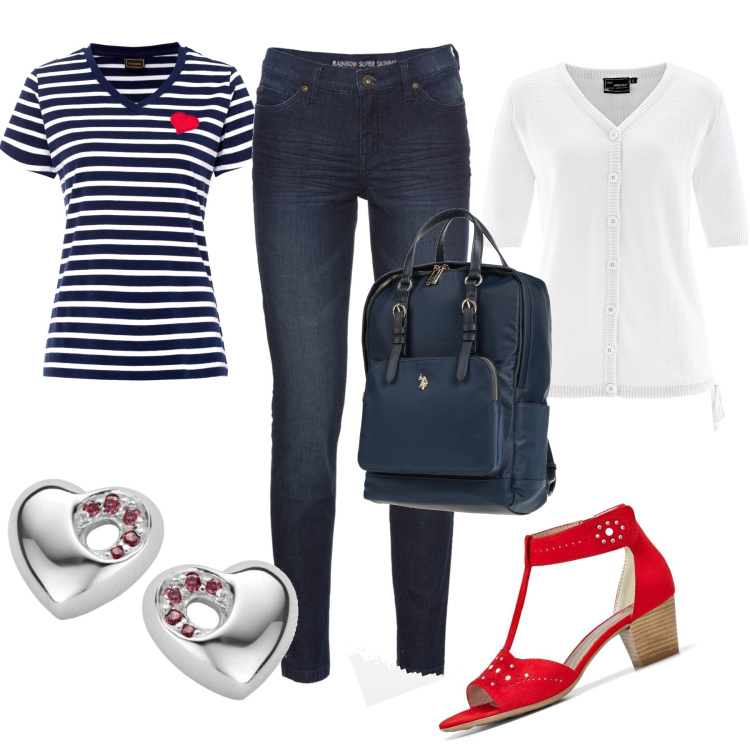 Outfit donna - Cuore a righe. Stile Casual per Tutti i giorni. Abbinamento con jeans skinny, sandali col tacco, maglieria, cardigans, zaini, orecchini.