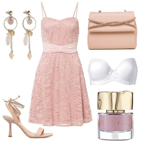 Outfit donna - Total look #1609497. Stile Romantica per Cerimonia. Abbinamento con reggiseni, orecchini, vestiti, clutch, sandali alla schiava, smalti.