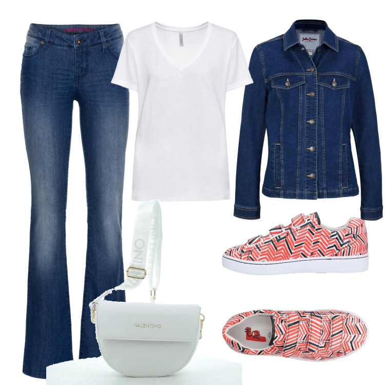 Outfit donna - Total look #1609501. Stile Casual per Tutti i giorni. Abbinamento con jeans bootcut, t-shirt, blazer, sneakers, borse a tracolla.