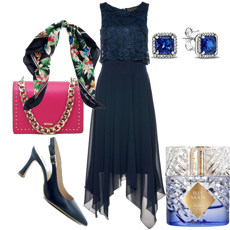 Outfit donna - L\'eleganza del blu. Stile Chic per Cerimonia. Abbinamento con vestiti midi/longuette, pochette, sandali in pelle, foulard, profumi, orecchini.