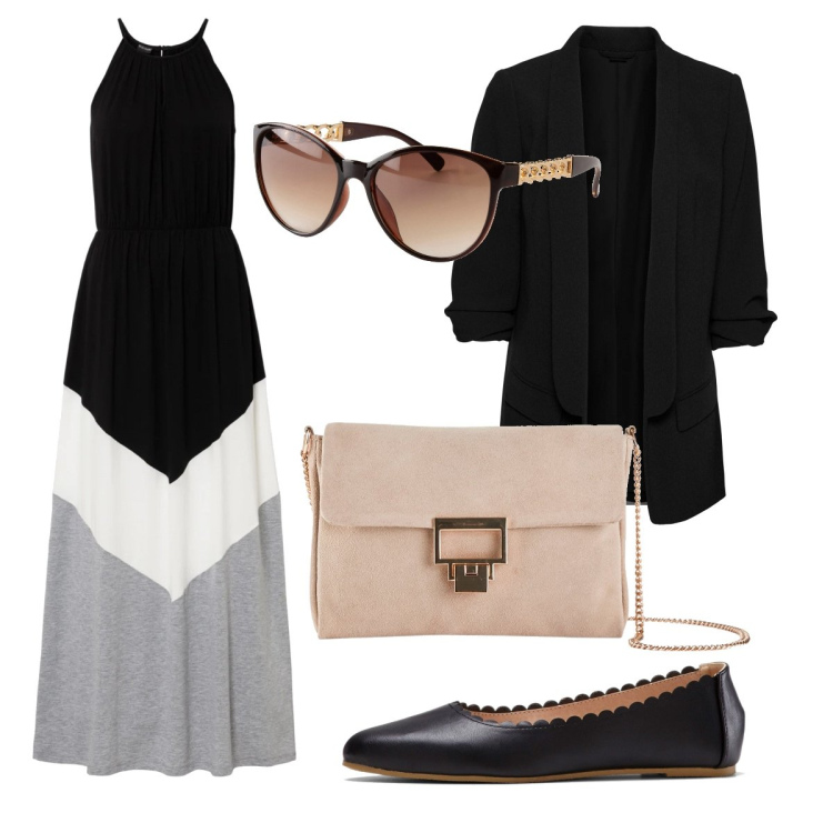 Outfit donna - Pranzo fuori con la mamma. Stile Bon Ton per Tutti i giorni. Abbinamento con blazer, vestiti lunghi, ballerine, pochette, occhiali da sole.