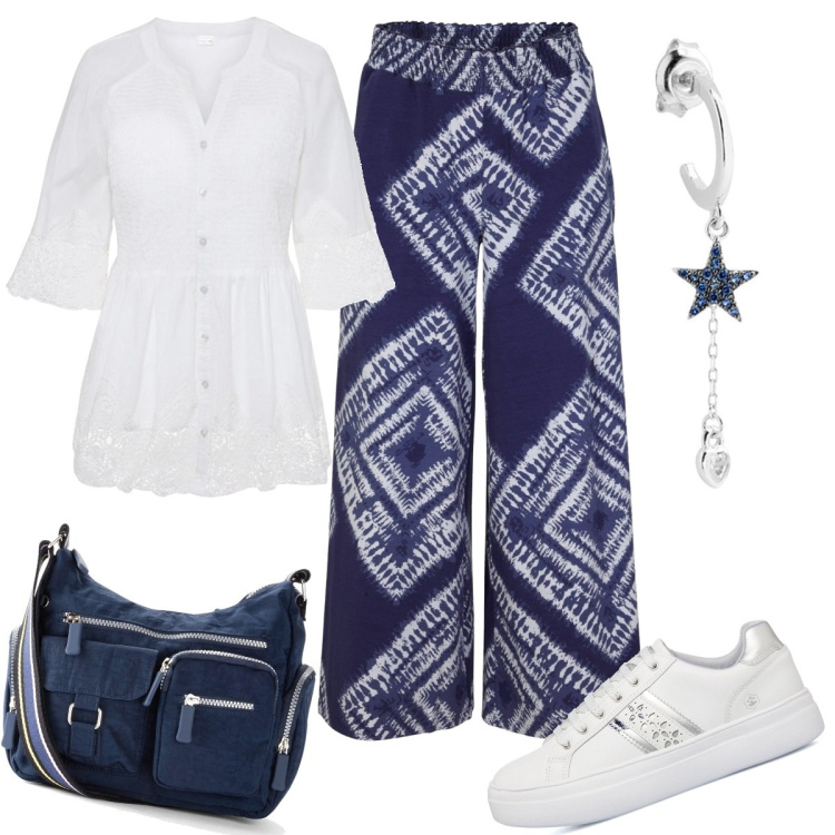 Outfit donna - Freschezza curvy. Stile Romantica per Tutti i giorni. Abbinamento con borse a tracolla, pantaloni a palazzo, camicie, orecchini, sneakers.