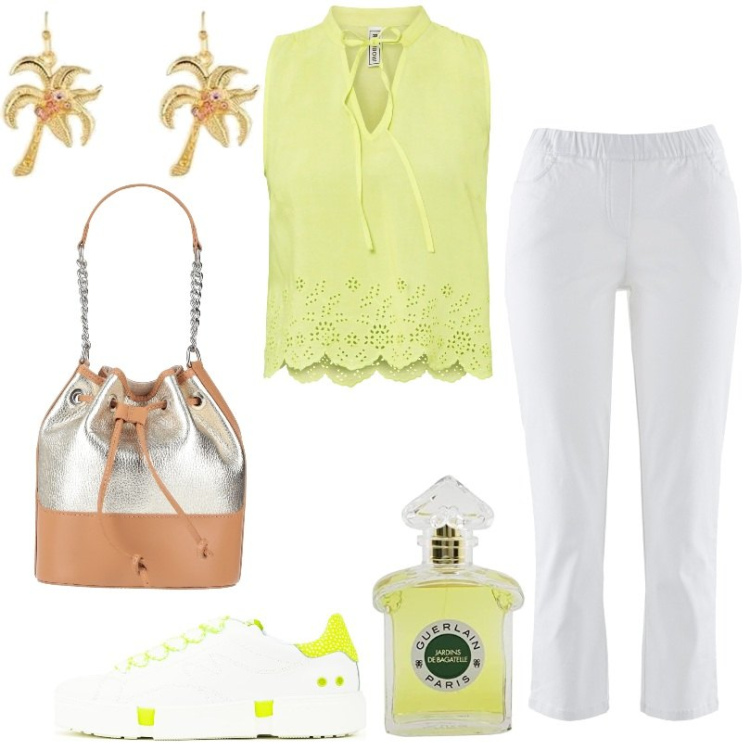 Outfit donna - Total look #1609643. Stile Basic per Tutti i giorni. Abbinamento con pantaloni, top, borse a mano, sneakers, orecchini, profumi.