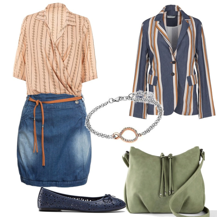 Outfit donna - Tempo di shopping. Stile Casual chic per Tutti i giorni. Abbinamento con minigonne, borse a tracolla, ballerine, blazer, bluse, braccialetti.