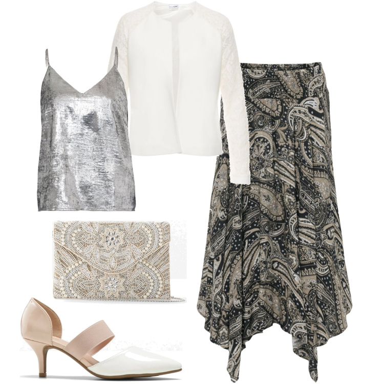 Outfit donna - Cerimonia con gonna asimmetrica. Stile Chic per Cerimonia. Abbinamento con gonne longuette, pochette, top, blazer, décolleté.