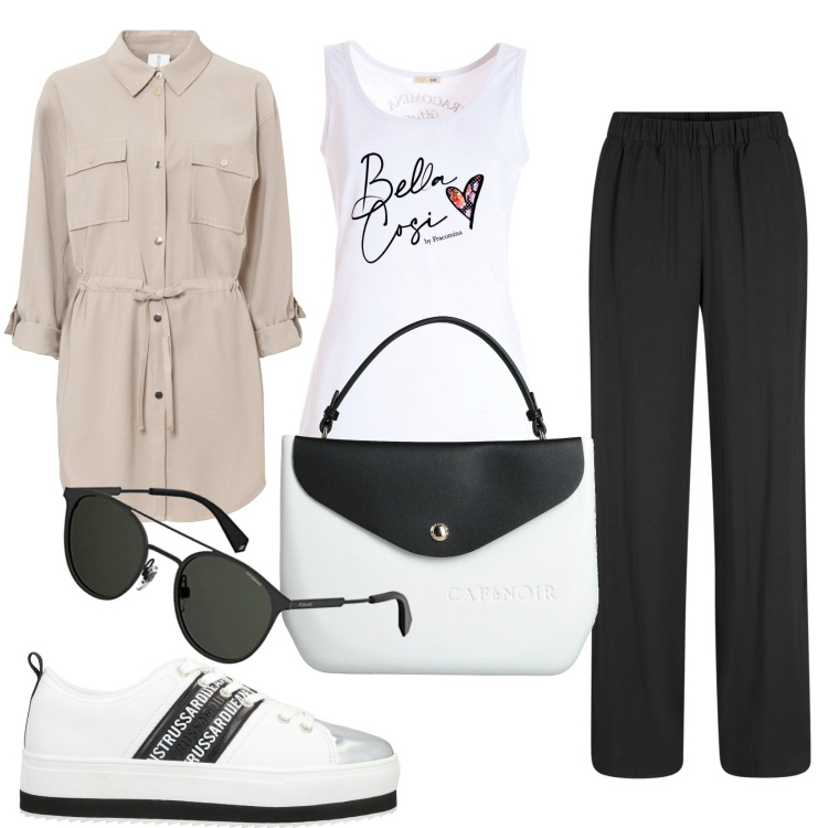Outfit donna - Total look #1609892. Stile Sporty chic per Tutti i giorni. Abbinamento con pantaloni, giacche, sneakers, borse a mano, canottiere, occhiali da sole.