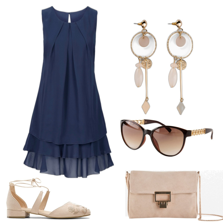 Outfit donna - Blu e Beige romantici. Stile Romantica per Cerimonia. Abbinamento con vestiti, orecchini, décolleté, pochette, occhiali da sole.