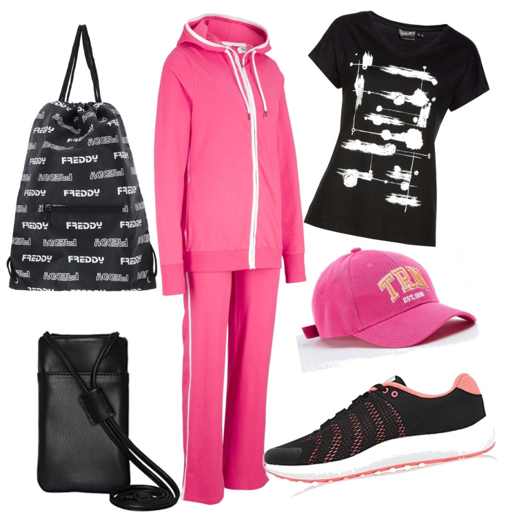 Outfit donna - Rosa in palestra. Stile Sporty chic per Sport. Abbinamento con t-shirt, tute sportive, cappelli, zaini, scarpe sportive, borse sportive.