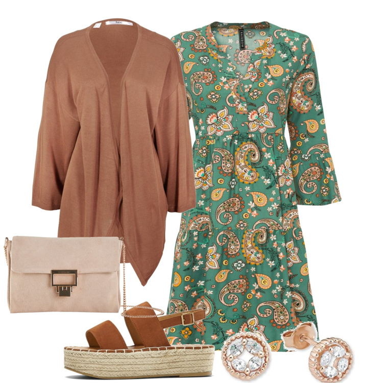 Outfit donna - In città. Stile Casual per Tutti i giorni. Abbinamento con vestiti chemisier, vestiti, sandali, pochette, orecchini.