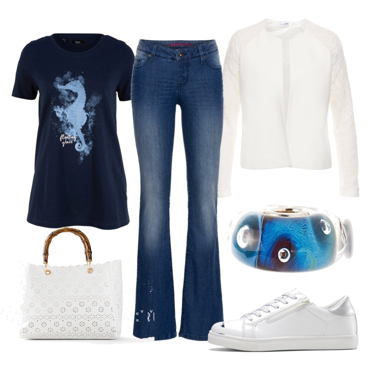 Outfit donna - Cavalluccio marino. Stile Casual per Tutti i giorni. Abbinamento con jeans bootcut, t-shirt, blazer, sneakers, borse a mano, braccialetti.