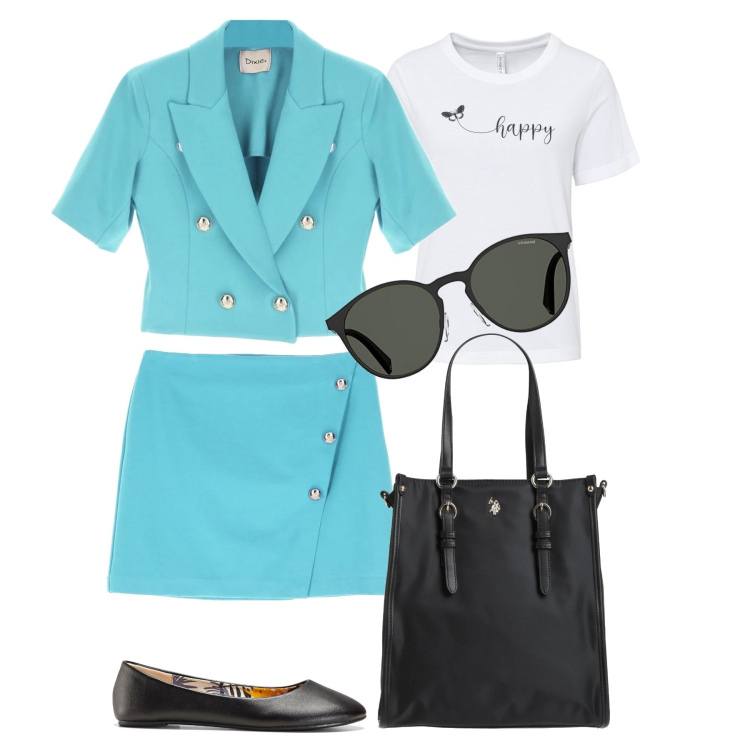 Outfit donna - Be Happy. Stile Casual chic per Tutti i giorni. Abbinamento con t-shirt, ballerine, borse a mano, minigonne, giacche, occhiali da sole.