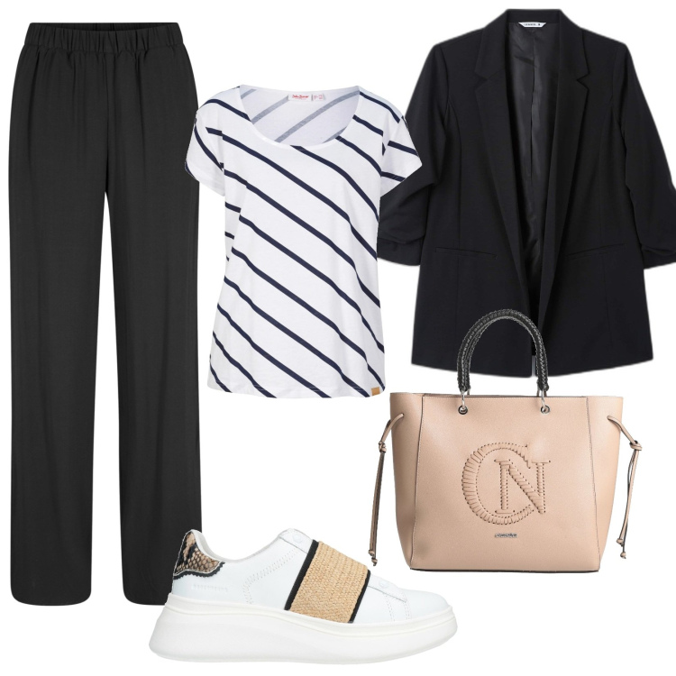 Outfit donna - Total look #1610218. Stile Sporty chic per Tutti i giorni. Abbinamento con pantaloni, t-shirt, sneakers, borse a mano, blazer.