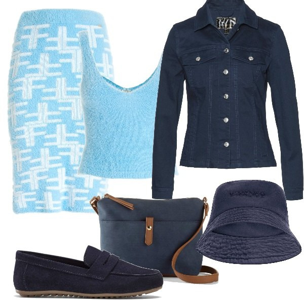 Outfit donna - Completo FRACOMINA e accessori blu. Stile Bon Ton per Tutti i giorni. Abbinamento con mocassini, blazer, borse a tracolla, gonne longuette, top, cappelli.