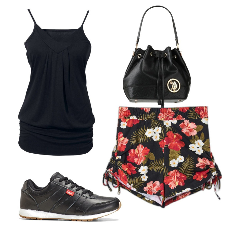 Outfit donna - Total look #1610312. Stile Trendy per Tutti i giorni. Abbinamento con top, sneakers, borse a mano, shorts.