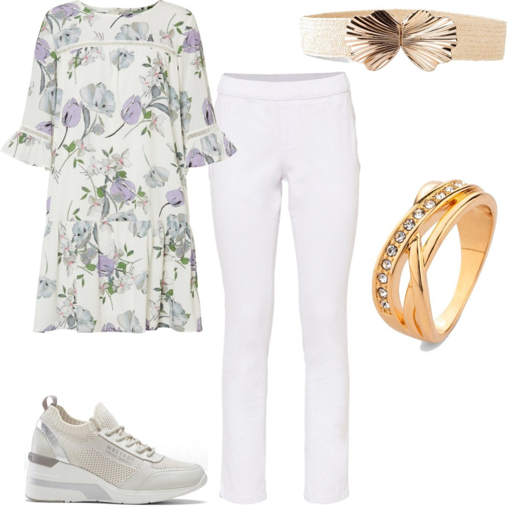 Outfit donna - Total look #1610338. Stile Casual chic per Tutti i giorni. Abbinamento con sneakers, cinture, vestiti, jeggings, anelli.