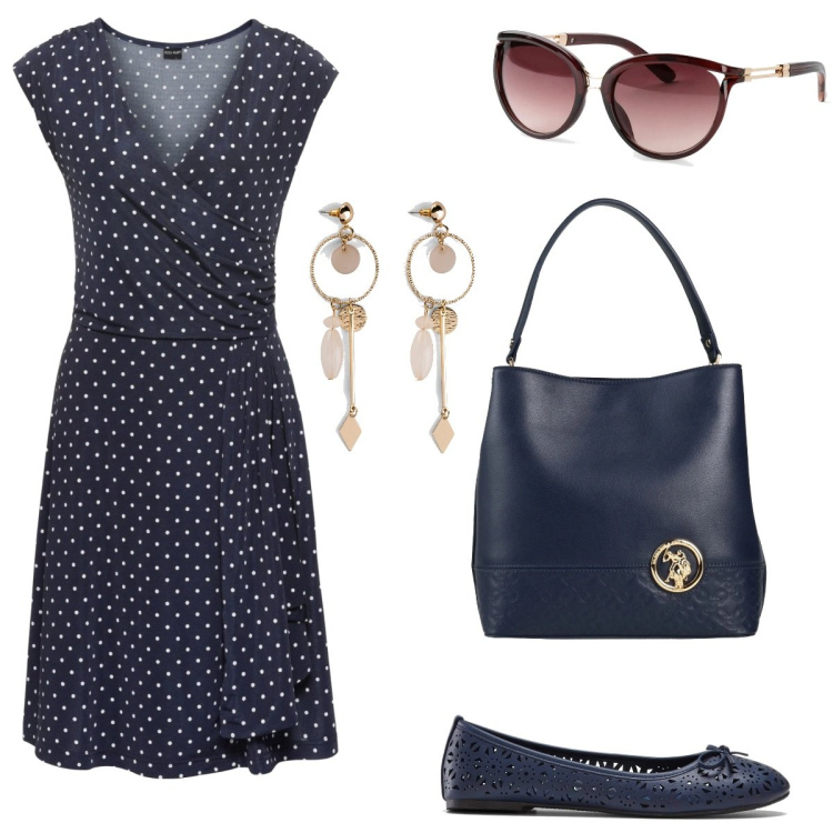 Outfit donna - Il vestito a pois. Stile Basic per Tutti i giorni. Abbinamento con ballerine, occhiali da sole, orecchini, vestiti, borse a mano.