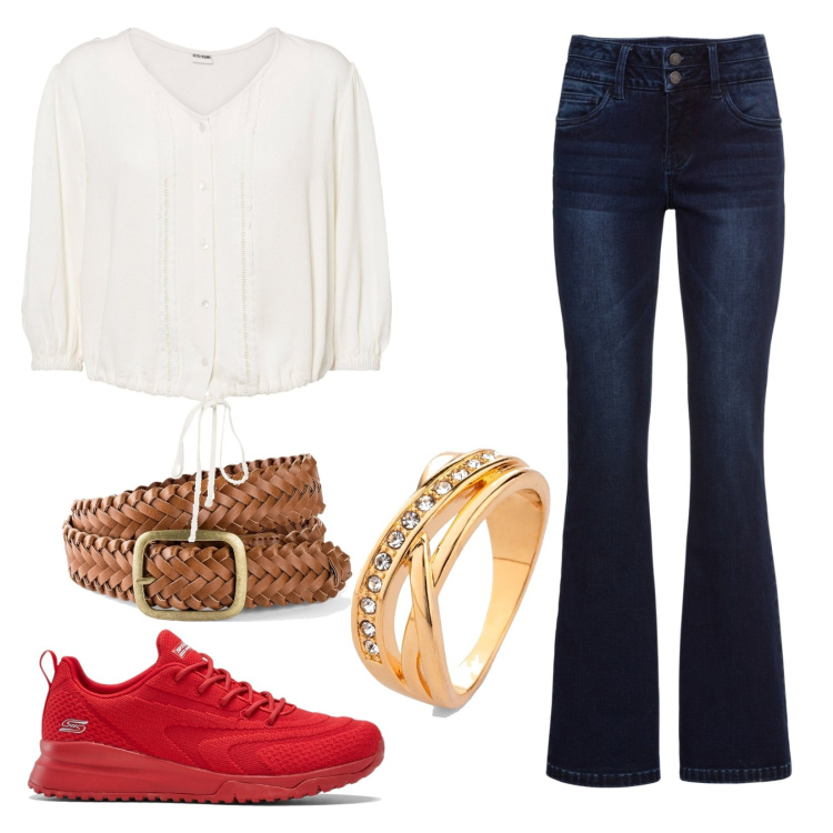 Outfit donna - Outfit Bonprix. Stile Basic per Tutti i giorni. Abbinamento con jeans bootcut, cinture, sneakers, camicie, anelli.