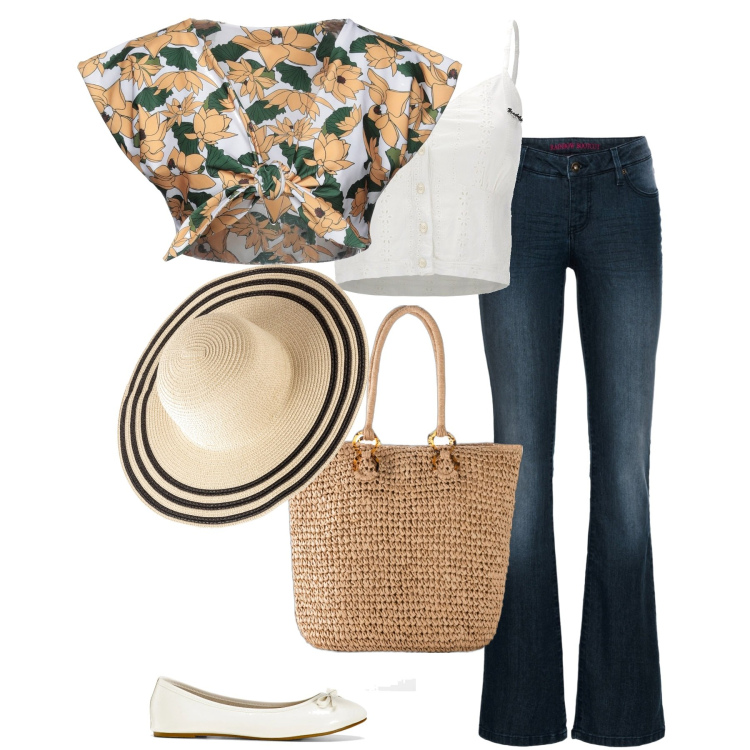 Outfit donna - Tempo di ciliegie. Stile Casual per Tutti i giorni. Abbinamento con ballerine, jeans bootcut, shopping bag, cappelli, bolero, top.
