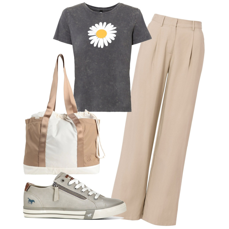 Outfit donna - Margherita. Stile Casual per Tutti i giorni. Abbinamento con t-shirt, pantaloni, sneakers, borse a spalla.