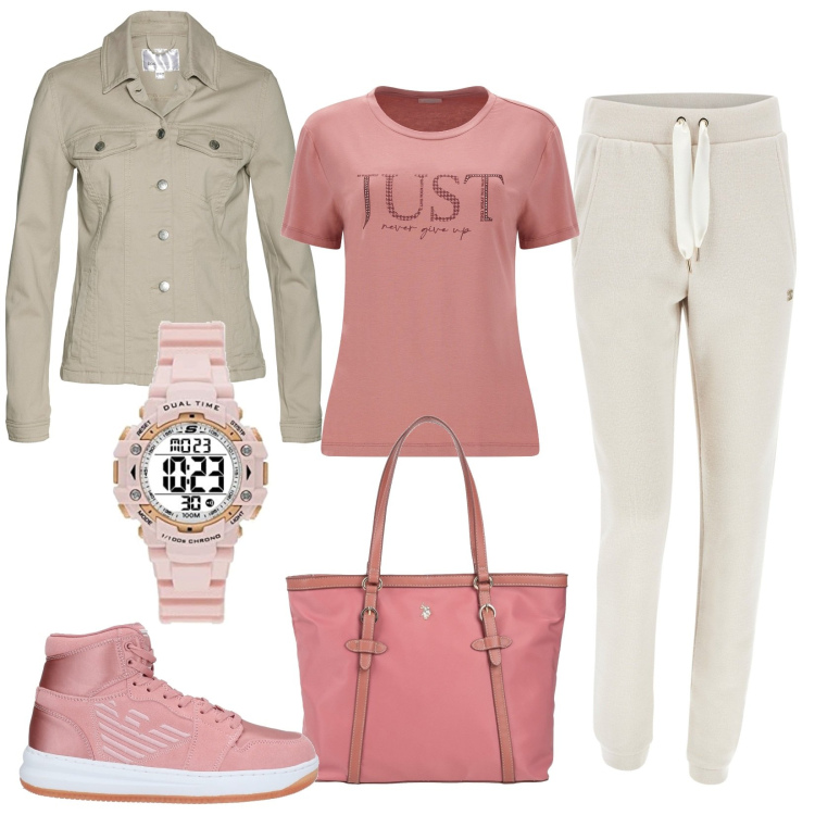 Outfit donna - Total look #1610470. Stile Casual per Tutti i giorni. Abbinamento con blazer, sneakers, borse a mano, t-shirt, pantaloni, orologi digitali.