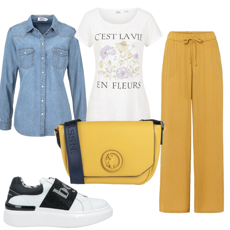 Outfit donna - C\'est la vie. Stile Sporty chic per Tutti i giorni. Abbinamento con pantaloni a palazzo, camicie, t-shirt, sneakers, borse a tracolla.