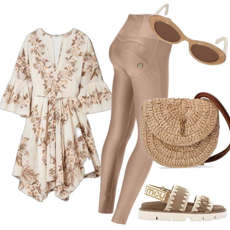 Outfit donna - Camicia etnica. Stile Etnico per Tutti i giorni. Abbinamento con vestiti asimmetrici, sandali, pantaloni skinny, borse a spalla, occhiali da sole.