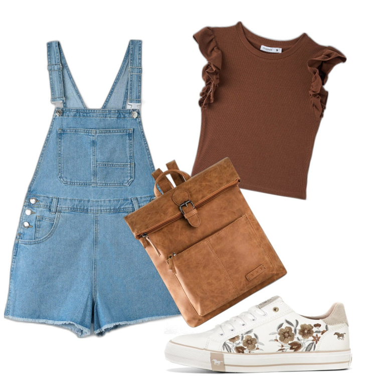 Outfit donna - Passeggiata in salopette. Stile Trendy per Tutti i giorni. Abbinamento con zaini, sneakers, t-shirt, salopette.
