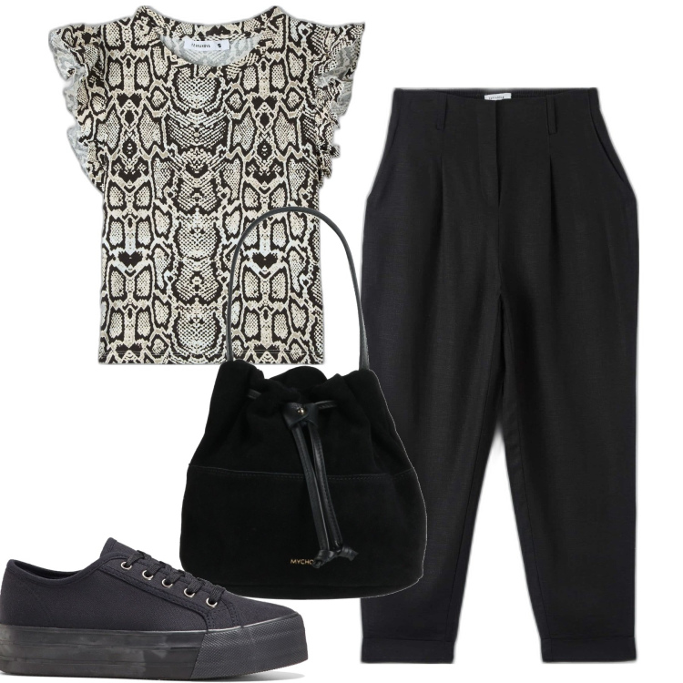 Outfit donna - Pitonato. Stile Urban per Tutti i giorni. Abbinamento con sneakers, borse a mano, pantaloni chino, t-shirt.