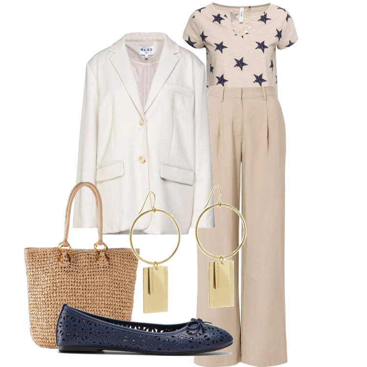 Outfit donna - Stelle e ballerine. Stile Bon Ton per Tutti i giorni. Abbinamento con ballerine, pantaloni, maglieria, shopping bag, blazer, orecchini.